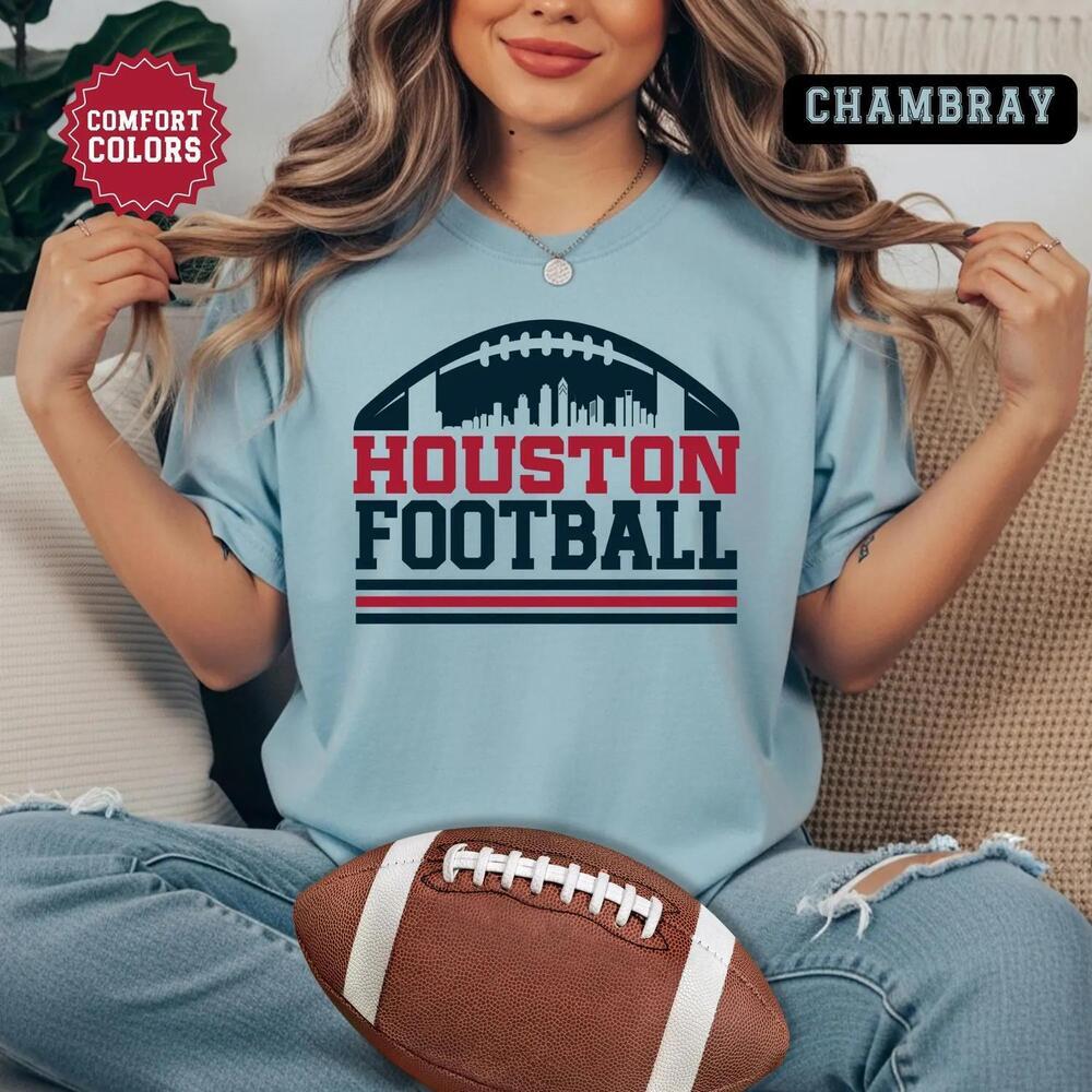 Houston Football City Skyline Retro Lone Star Game Day Tailgate Fan Gift Tee